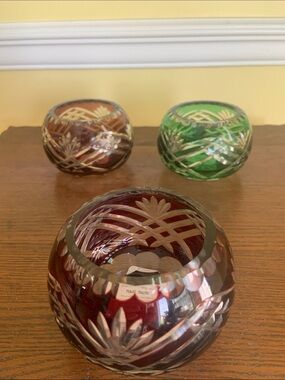 Bohemian Crystal Cut to Clear 2 Ruby Red and 1 Green Fifth Ave Tea Light Holders